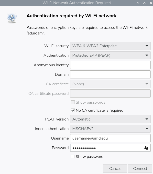 Enter authentication settings and Eduroam credentials on Raspberry Pi OS