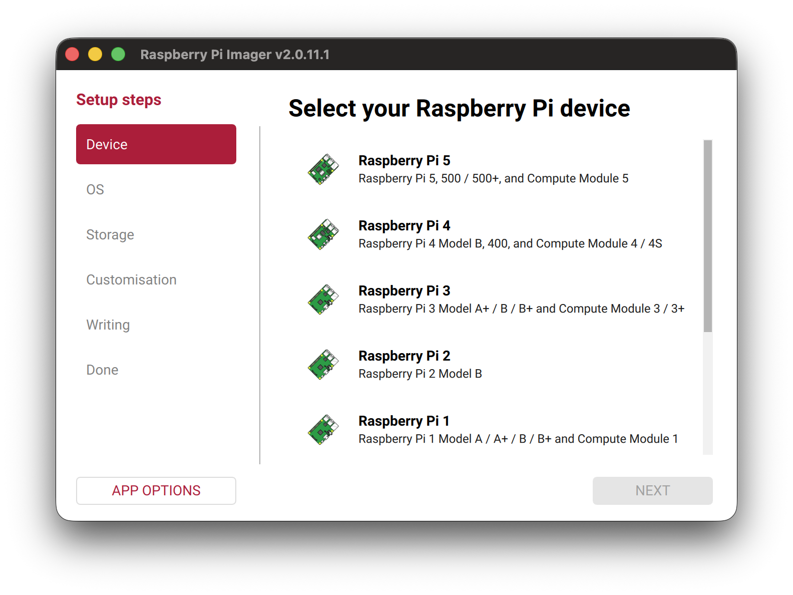 Select your Raspberry Pi device