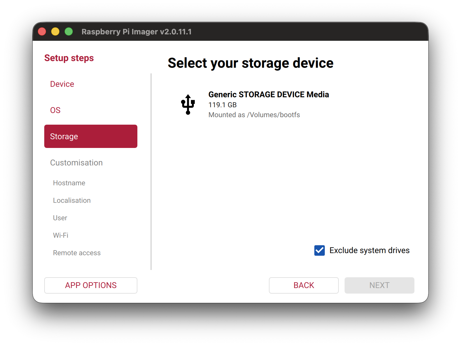 Select your storage device