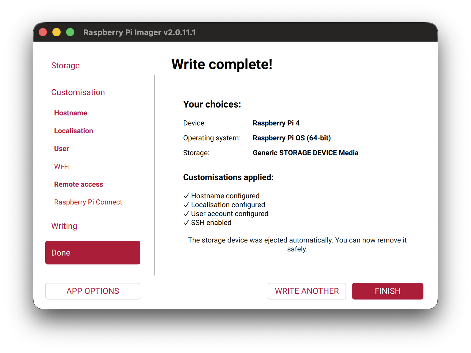 Completed writing operating system to SD card