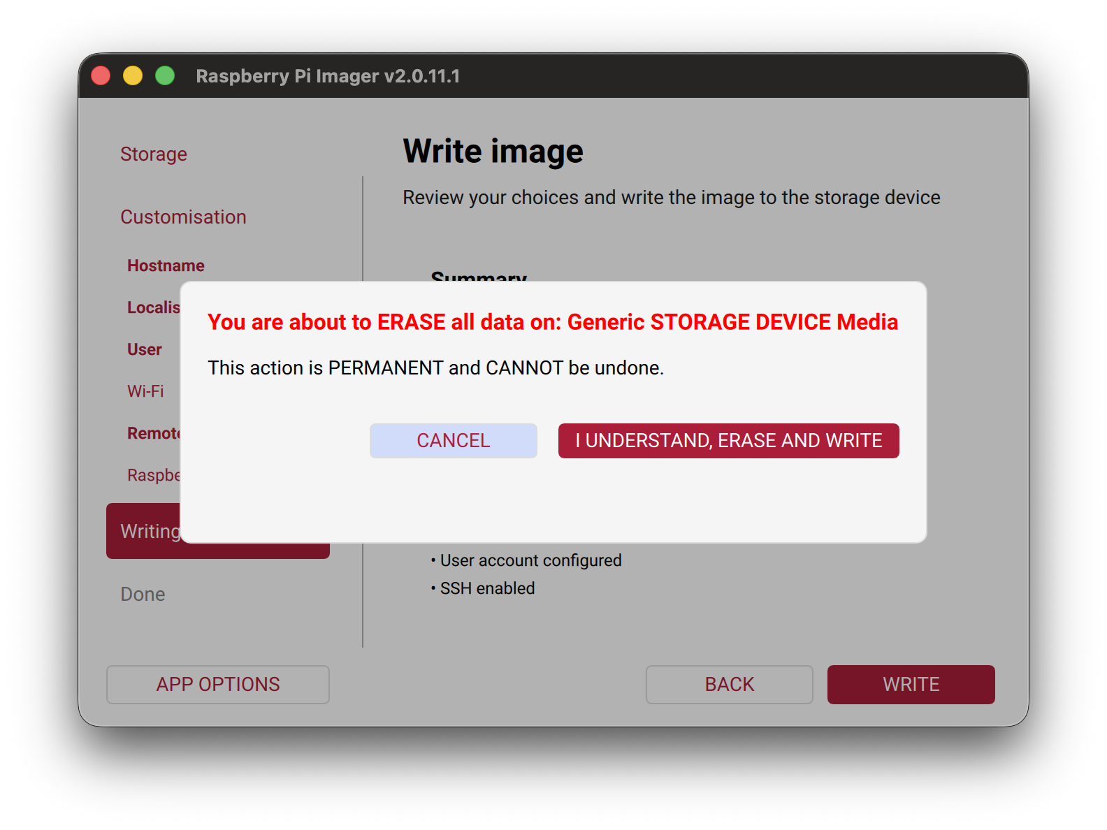 Confirm writing operating system to SD card